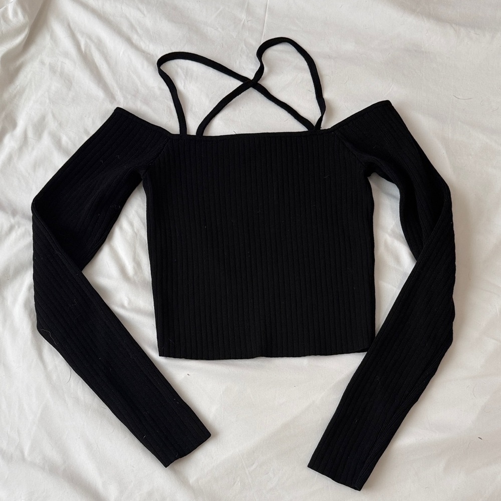 Forever 21 Black Off-Shoulder Ribbed Long-Sleeve Crop Top with Straps Small
